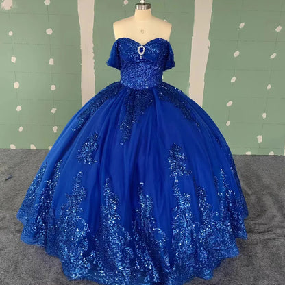 Sapphire Blue Elegant Quinceanera Dress Sweet Girl Appliques Beading Princess Ball Gown Birthday Party Prom Dresses Wc019