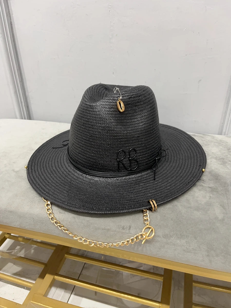 Novedad de verano 2023, sombrero de paja RB, sombrero fedora con correa de cadena negra para mujer, sombrero de playa para mujer