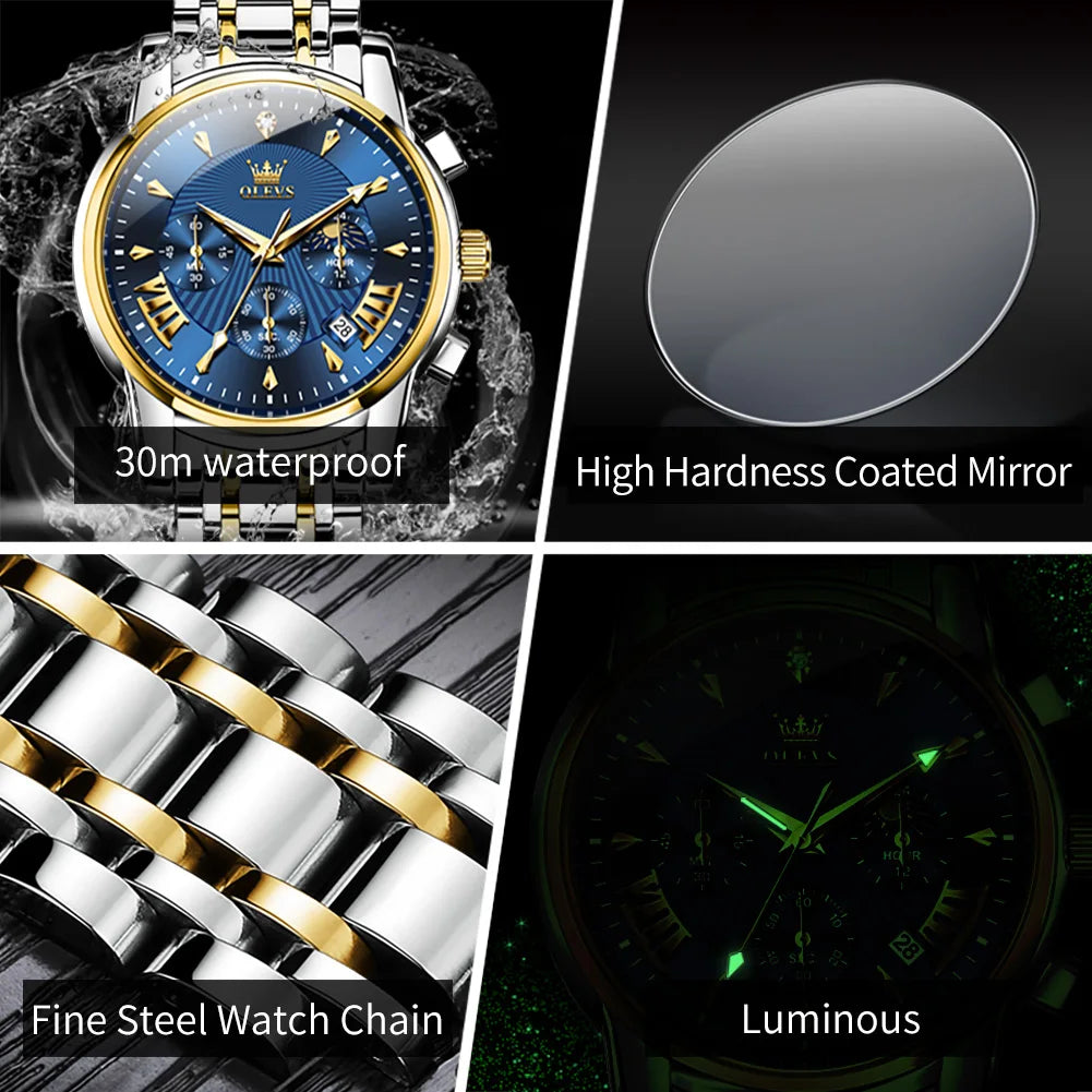 Relojes para hombre OLEVS, marca superior, cronógrafo multifuncional, reloj de pulsera original de cuarzo para hombre, resistente al agua, luminoso, fecha y luna