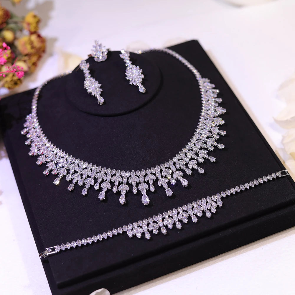 ZY UNIQUE New Dubai Jewelry Sets Leaf Design Bridal Necklace Earring Set 5A Cubic Zirconia Femme Ladies Wedding Accessories