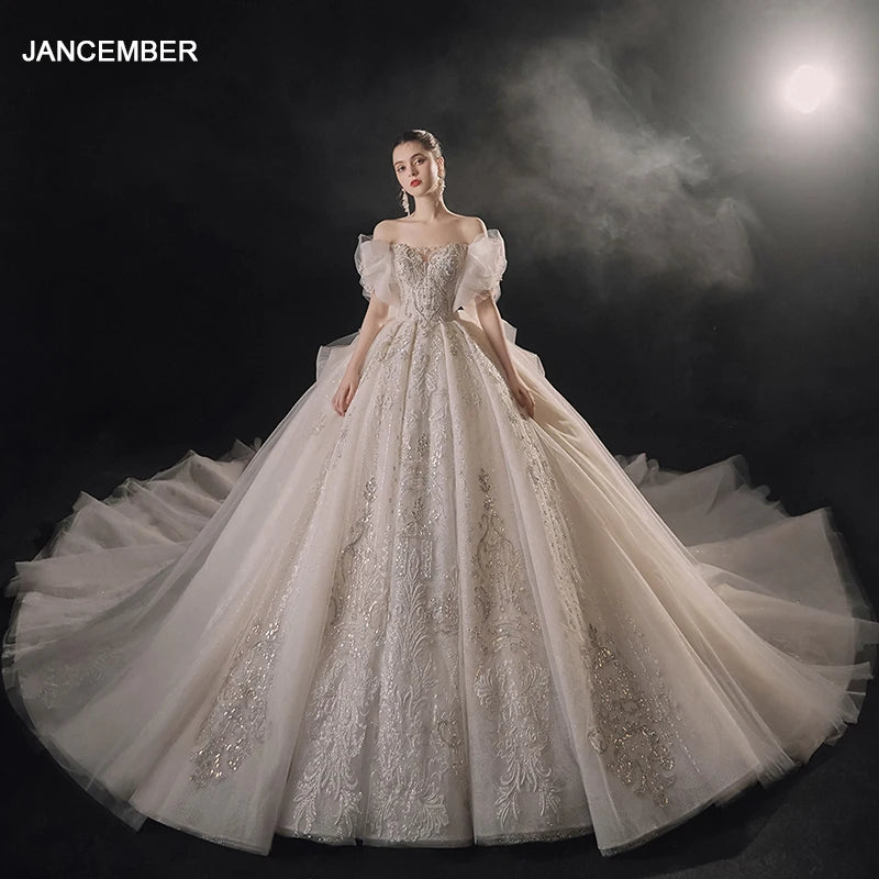 Jancember Romantique Tiptop Robes De Mariée Pour Femmes Organza Col Bateau Manches Courtes Paillettes Train Chapelle Robe De Noiva