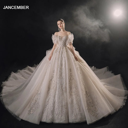 Jancember Romantic Tiptop Wedding Dresses For Women Organza Boat Neck Short Sleeves Sequins Chapel Train Vestido De Noiva