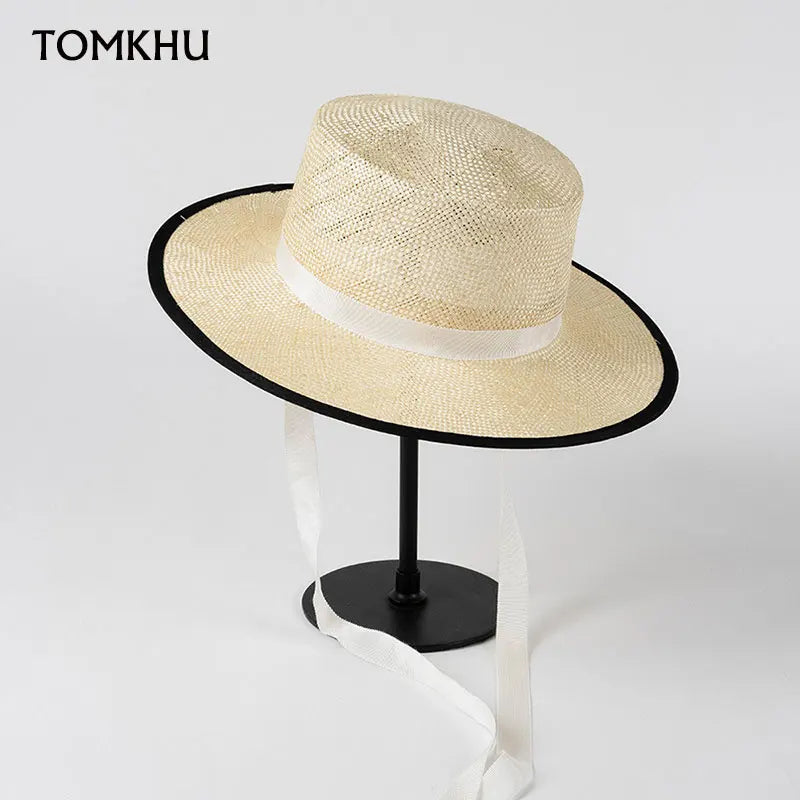 New Summer Sisal Straw Hats For Women Flat Top Elegant Lace Up Beach Hat Fashion Handwoven Luxury Boater Hat Panama Jazz Cap