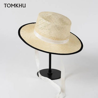 Nouveaux chapeaux d'été en paille de sisal pour femmes, chapeau de plage élégant à lacets à dessus plat, chapeau de bateau de luxe tissé à la main, casquette de jazz Panama