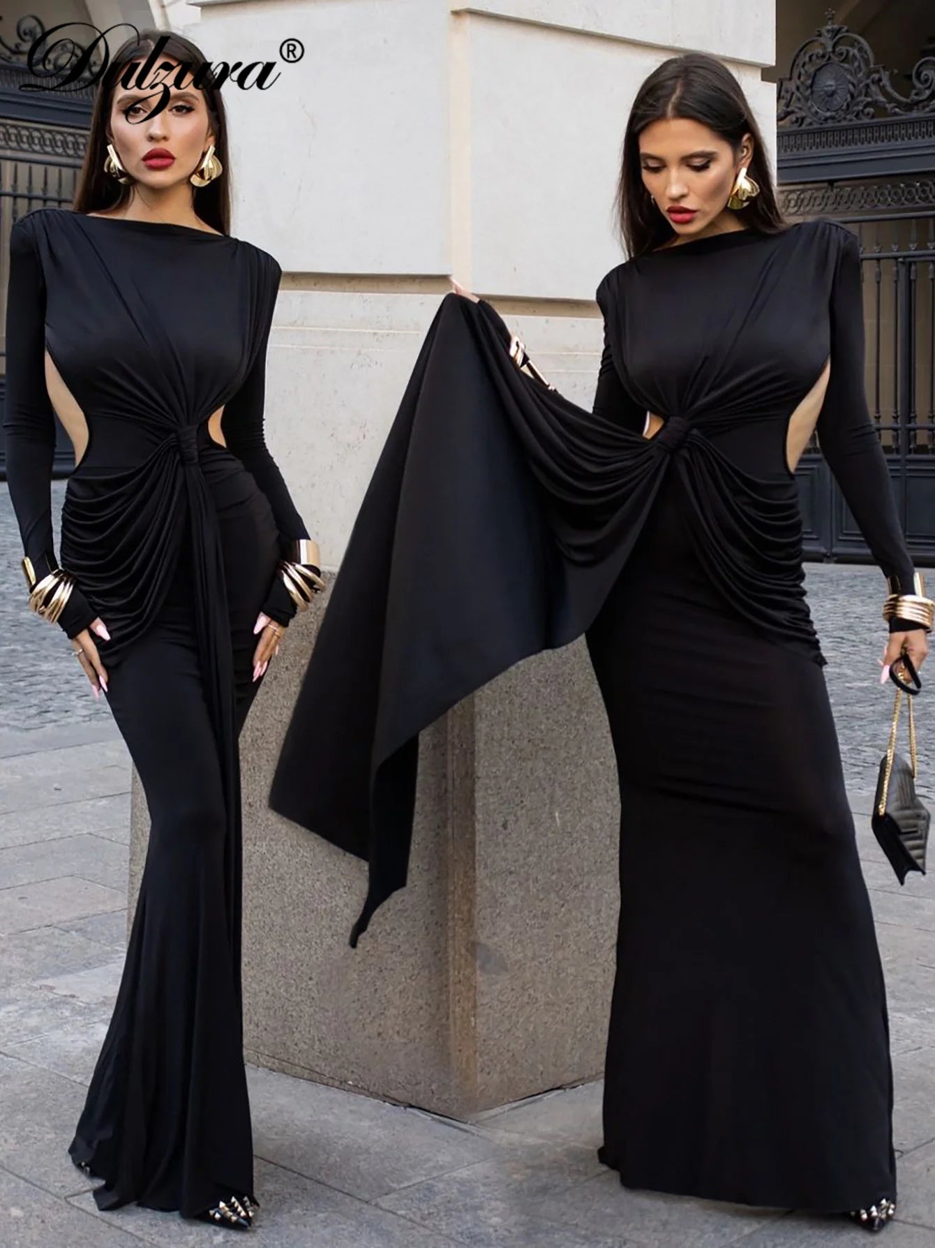 Dulzura Elegant Long Sleeve Maxi Dress Sexy Backless Ruched Patchwork Luxury Dresses Evening Party Club Wedding Guest Cocktail