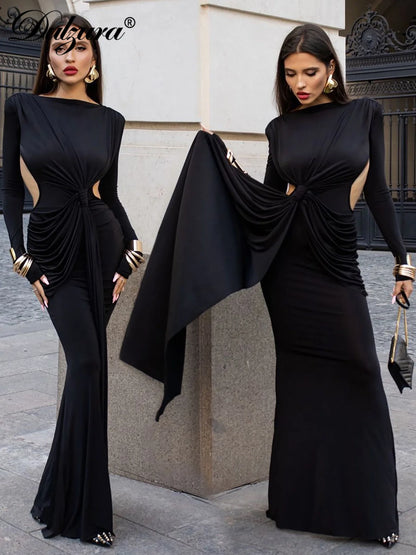 Dulzura Elegant Long Sleeve Maxi Dress Sexy Backless Ruched Patchwork Luxury Dresses Evening Party Club Wedding Guest Cocktail