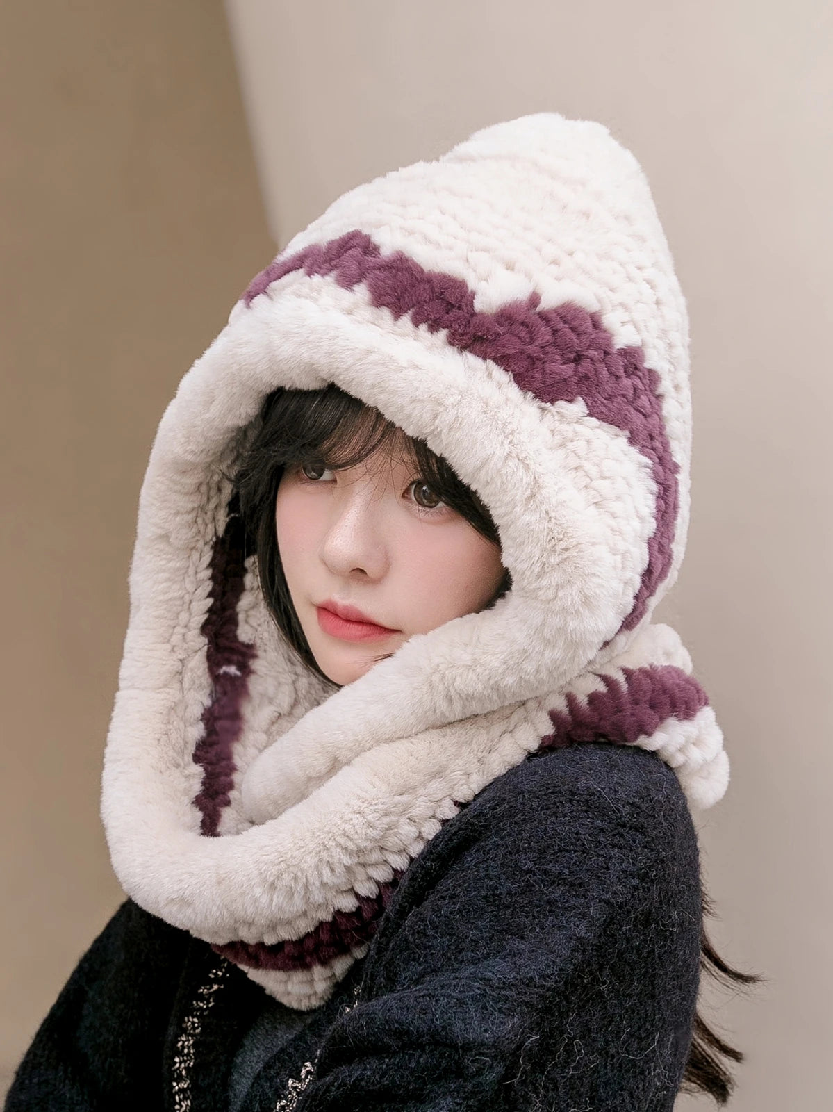 Mode Femmes Hiver Filles Mode Chaud Tricoté Véritable Rex Fourrure De Lapin Bonnet Bonnet Écharpe en une seule pièce