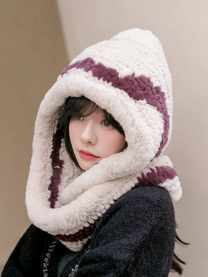 Fashion Women WInter Girls Fashion Warm Knitted Real Rex Rabbit Fur Hat Beanie Hat Scarf in one pieces