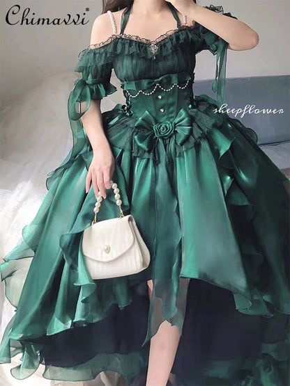 Green Front Short Back Long Lolita Dress Women Autumn Heavy Industry Sexy Girl High Waist Party Trailing Umbrella Princess Dress