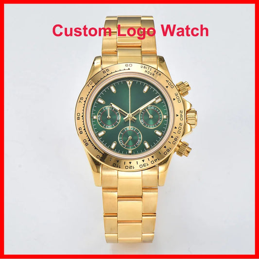 Reloj cronógrafo VK63 para hombre con logotipo S personalizado, 40 mm, caja de acero inoxidable completamente dorada, esfera verde, resistente al agua, relojes de pulsera de marca de lujo