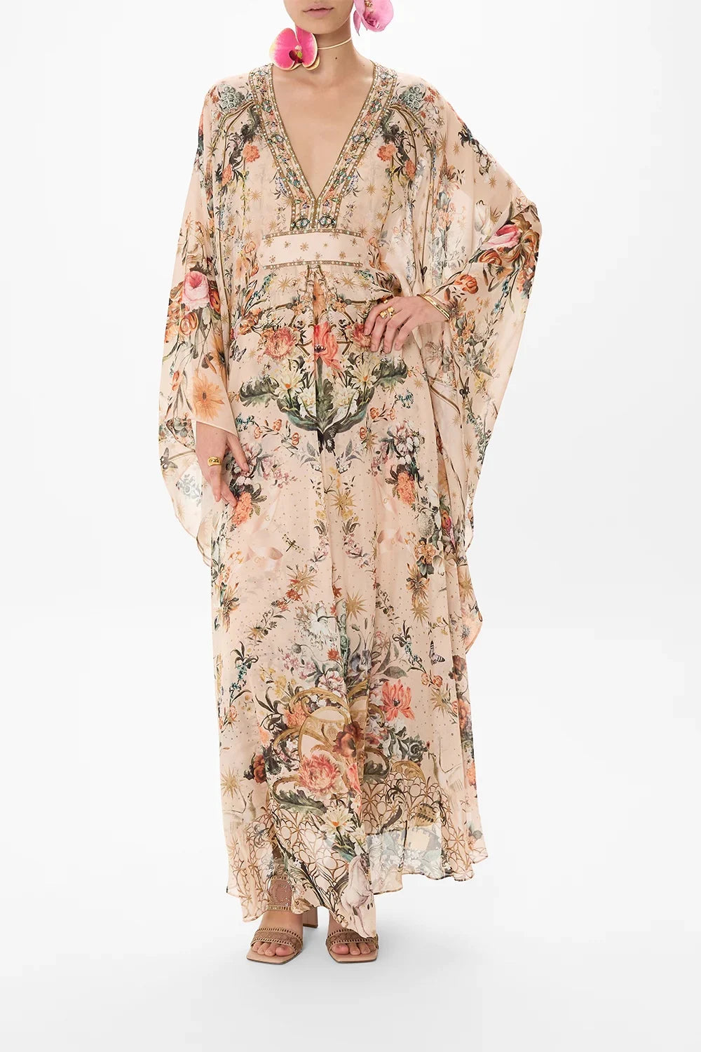 Robe longue de vacances en soie à manches chauve-souris et imprimé floral pour femme, col en V, taille perlée, lacets