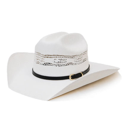 Chapeau de soleil simple à ceinture noire ajourée en paille dure Yellowstone pour la plage, style western américain, à large bord, style cow-boy, style cow-girl, pincement sur le devant, 55-61 cm