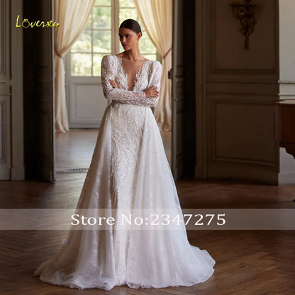 Loverxu Sirène Robes De Mariée De Luxe 2024 Col En V À Manches Longues Robe De Mariée Dentelle Broderie Train Détachable Robe De Mariée