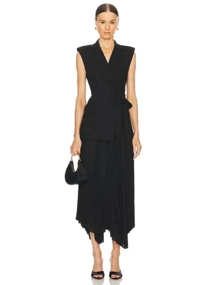 Women Acetate Long Irregular Pleated Dress Notched Collar Sleeveless Wrap Waist Office Lady midi dress