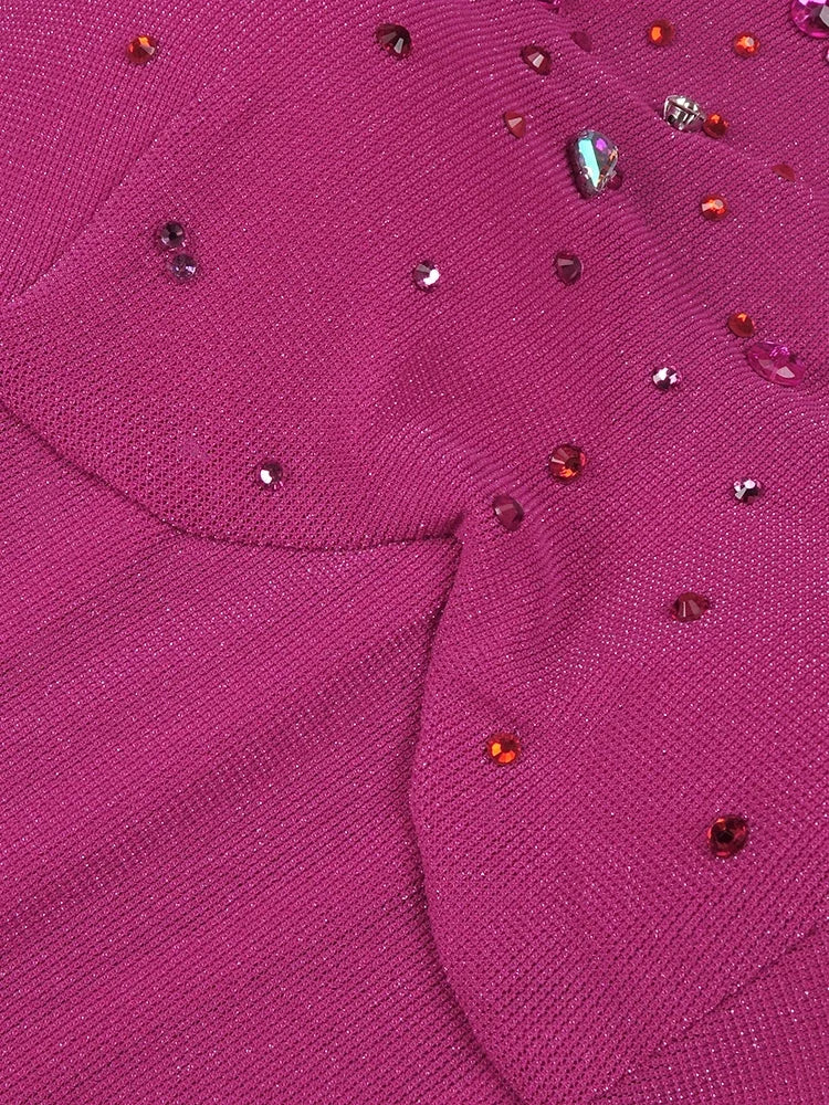 Vestidos de cóctel para mujer, de lujo, con cristales, manga larga, abertura, ajustados, para ocasiones formales, en color magenta 2024