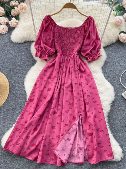 YuooMuoo, envío rápido, vestido de mujer, moda, romántico, estampado floral, vestido largo de verano dividido, manga abullonada, vestidos de fiesta coreanos