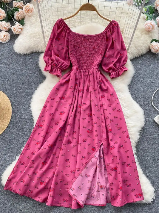 YuooMuoo Livraison rapide Femmes Robe Mode Romantique Imprimé Floral Fendu Longue Robe D'été Manches Bouffantes Fête Coréenne Robes