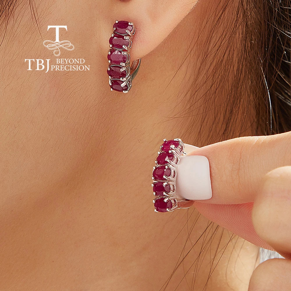 TBJ Ensemble de bijoux de luxe pour femme avec bague et boucles d'oreilles en argent et rubis naturel précieux de 3 x 5 mm