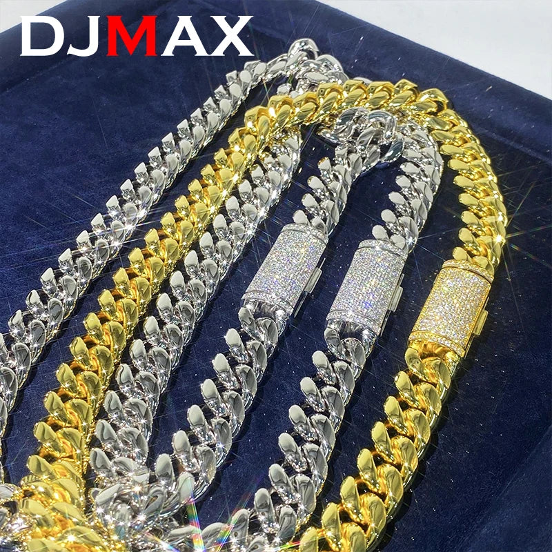 DJMAX Moissanite Chaîne Cubaine Pour Femme Acier Inoxydable Or Homme Classique Moissanite Bracelet Chaîne Cubaine Hip hop 8/10/12/14/18mm