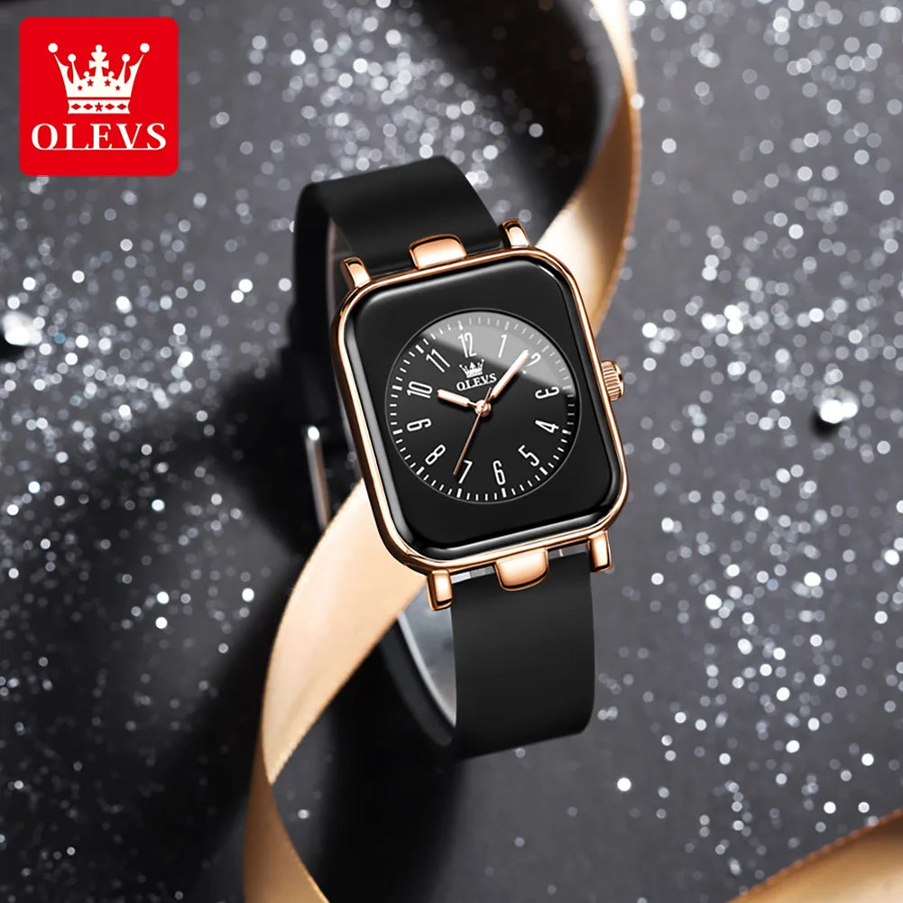 OLEVS 9961 Reloj de cuarzo original para mujer, relojes con correa de silicona, esfera digital cuadrada negra, reloj de pulsera impermeable para mujer, regalos