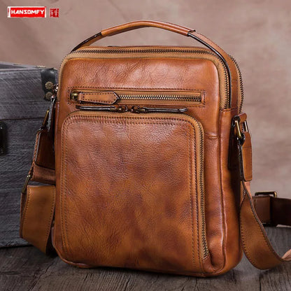 Vintage Genuine Leather Men's Handbag Male Small Shoulder Messenger Bag Men Crossbody Bags First Layer Cowhide Verticle Square