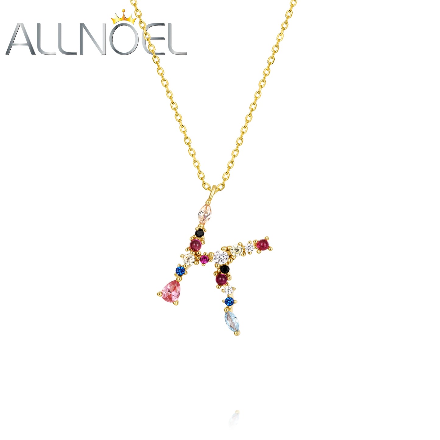 ALLNOEL 26 Alphabet Pendant Necklace Women 925 Sterling Silver Rainbow Colorful Crystal Initial Letter M K W F Gold Fine Jewelry