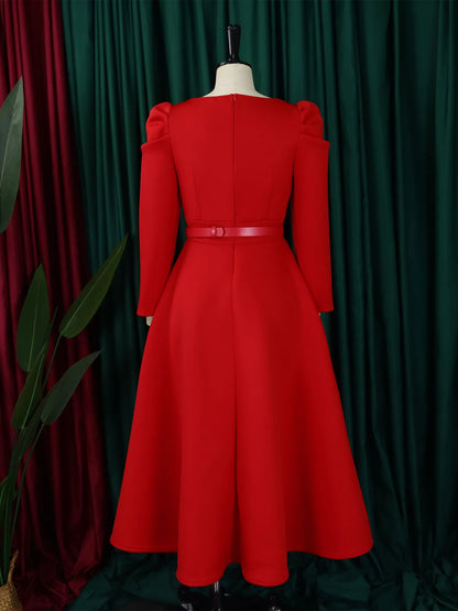 Robe de soirée élégante pour femme, manches longues bouffantes, plissée, ligne A, pour anniversaire, mariage, célébration, automne 2024