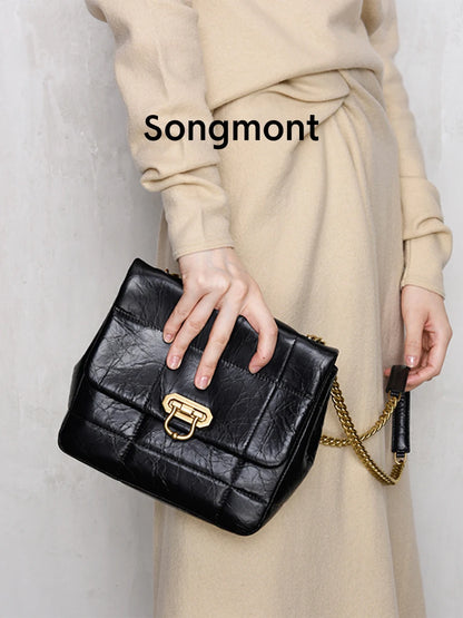 Songmont Medium soft chocolate bags for women shoulder classic chain bags top layer cowhide leather square style