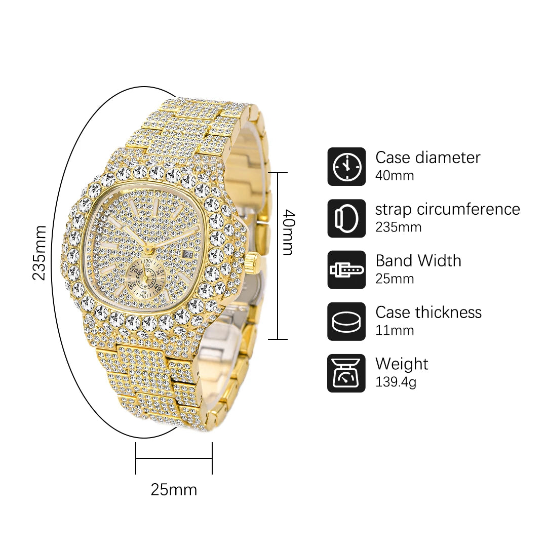 Reloj dorado para hombre, con diamantes, estilo hip hop, de cuarzo, con doble esfera, resistente al agua, para verano