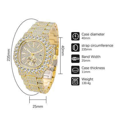 Montre en or pour hommes, montres à quartz élégantes avec diamants glacés, style hip-hop, pour hommes, double cadran, montres-bracelets robustes et étanches, été