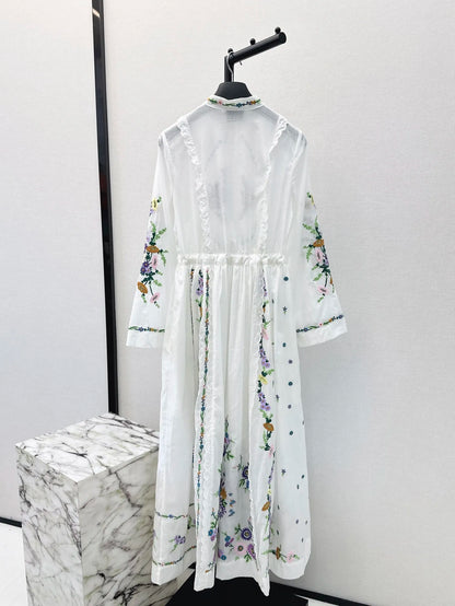 2024 new women's fashion long-sleeved stand-up collar flower embroidery decorative long dress 0713