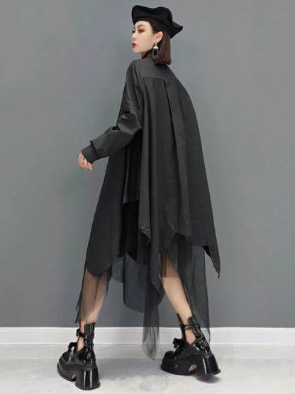 SHENGPALAE Mesh Splicing Oversized Long Sleeve Dress Women's 2024 Spring Summer New Fashion Tide Solid Color Shirt Dresses 5R956