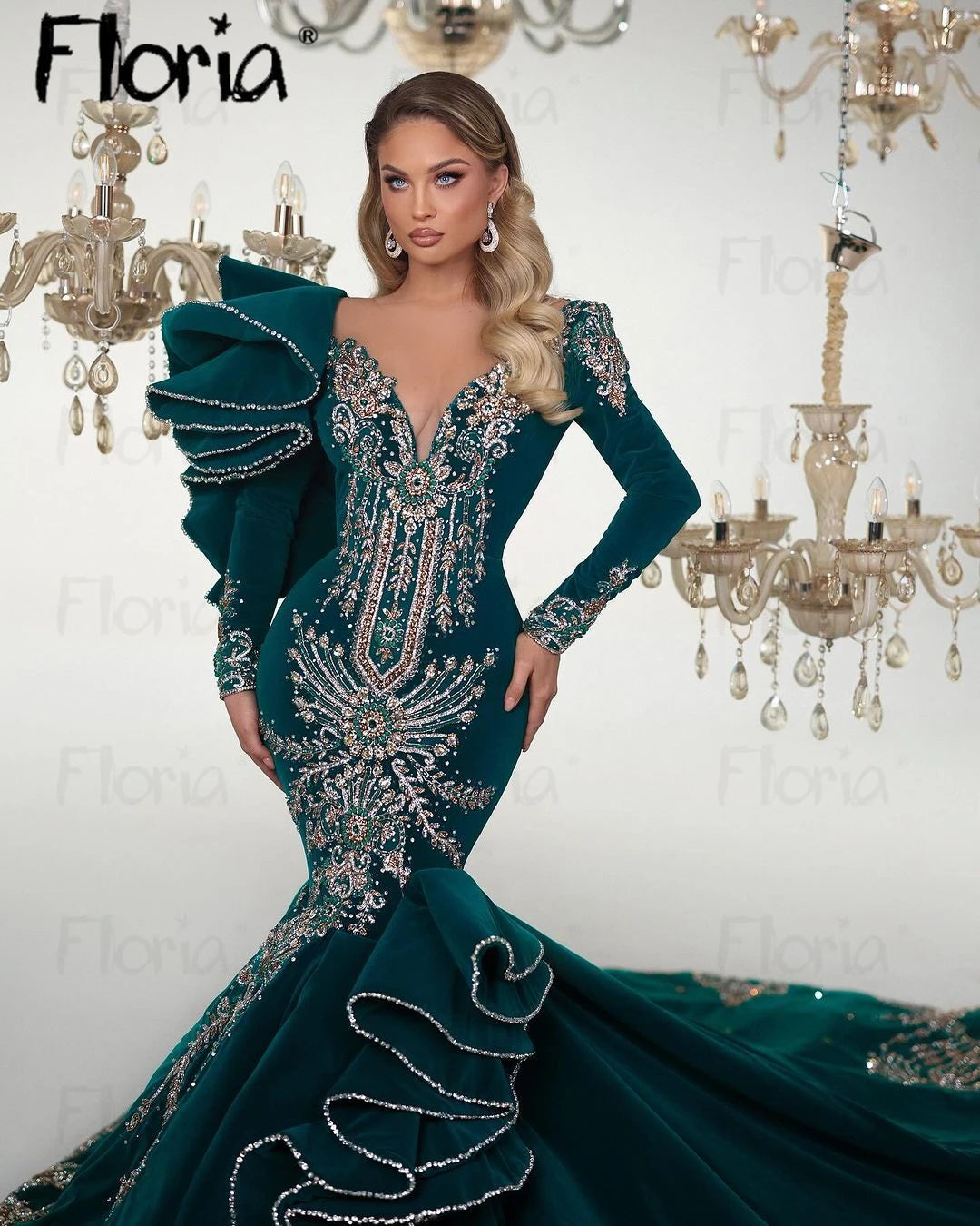 Vestidos de fiesta de sirena de manga larga Floria, vestidos de gala bordados de Dubái, vestidos formales para ocasiones especiales para mujer, abalorios pesados, vestidos de fiesta de sirena