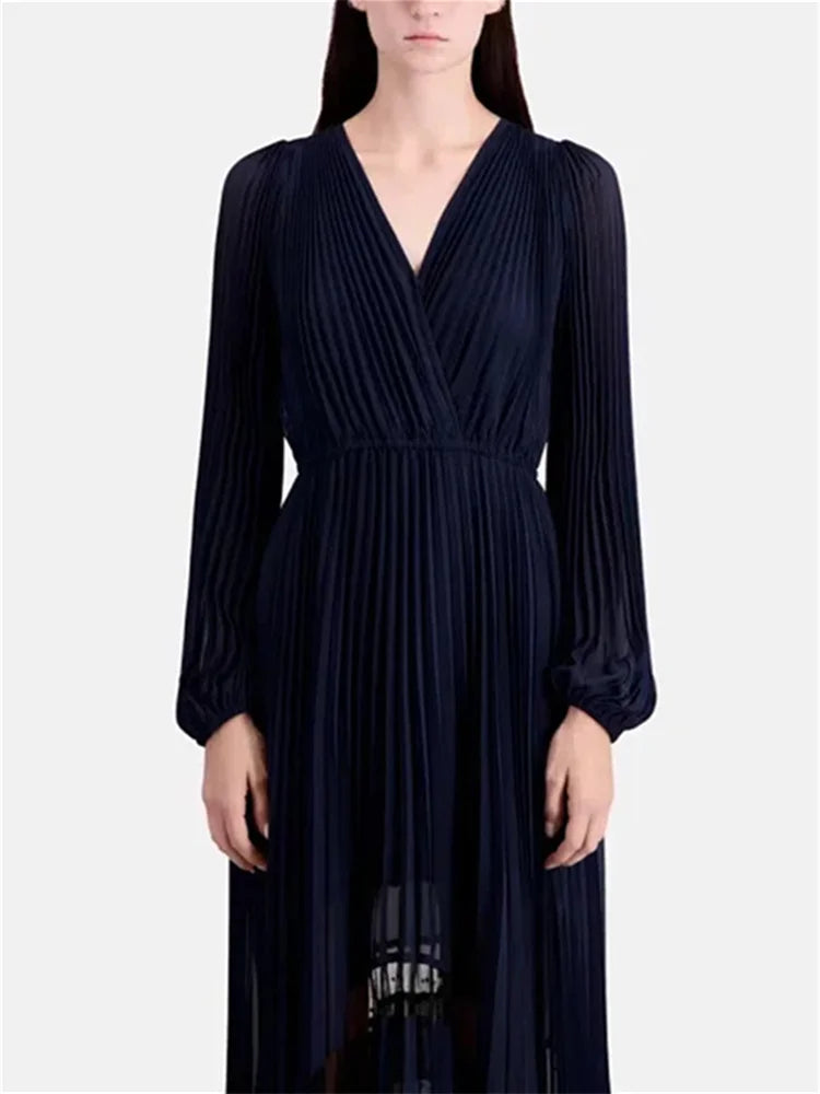 Ladies Long Sleeve Elastic Waist Slim Elegant Temperament Long Robe Spring New 2024 Women V-Neck Irregular Pleated Dress