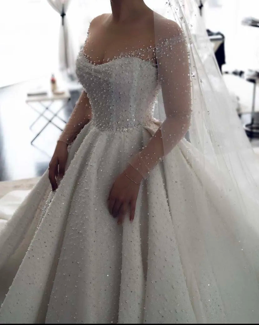 2024 Vintage Wedding Dress Illusion O Neck Beaded Pearls Long Sleeve Ball Gown Robe De Mariee