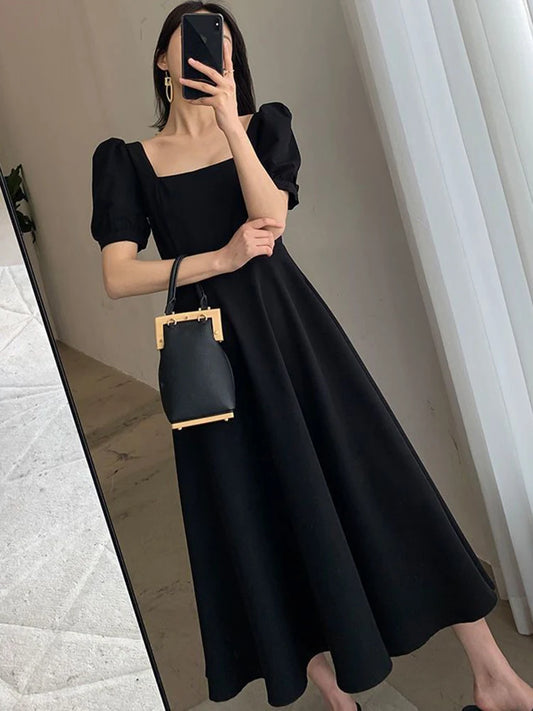 Black Long Dress Women Summer New Vintage Square Collar Dress Korean Elegant White Ins Female Puff Sleeve Vestidos