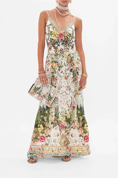 Vestido largo de fiesta para mujer, sin tirantes, con estampado de flores y cuentas, espalda descubierta, 100 % seda