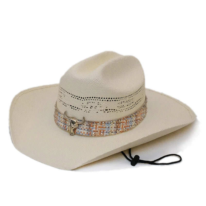 Yellowstone Retro Cow Head Leather Belt Hollow-out Hard Straw Beach American Western Wide Brim Cowboy Cowgirl Sun Hat 55-61cm