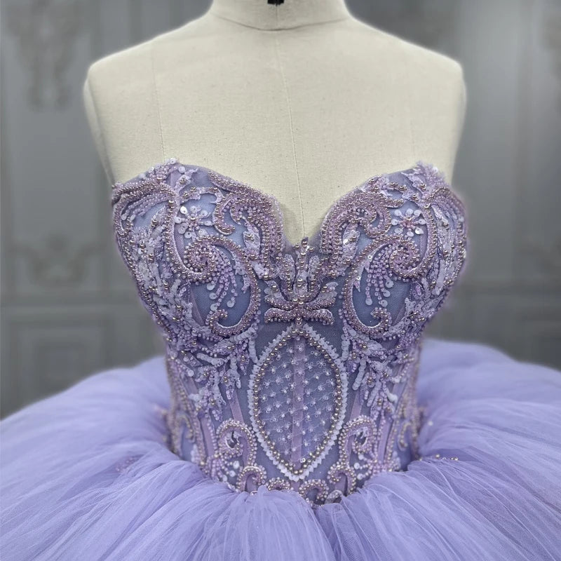 Vestido de quinceañera internacional con escote en forma de corazón y cristales, sin tirantes, color morado, vestido de noche DY9906, vestido de noche elegante para mujer