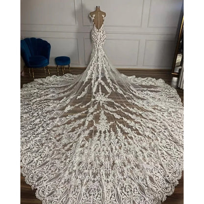 Elegantes vestidos de novia sin tirantes con apliques de encaje, exquisitos vestidos de sirena con cuentas sin mangas blancas, elegantes vestidos de novia con cola de capilla