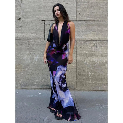 Combhasaki Femmes Vintage Rétro Sexy Sans Manches Suspendu Col En V Profond Dos Nu Imprimé Floral Décontracté Fête Vêtements De Plage Maxi Longue Robe