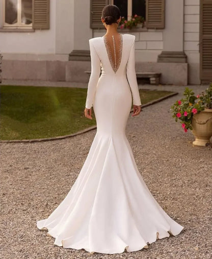 Elegante vestido de novia largo de crepé con escote en V y cuentas, sirena, botones en marfil, espalda con cola larga, vestidos de novia personalizados2