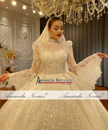 NS4714 Amanda Novias Puffy Flor Sleeves Lace Luxury Wedding Dress