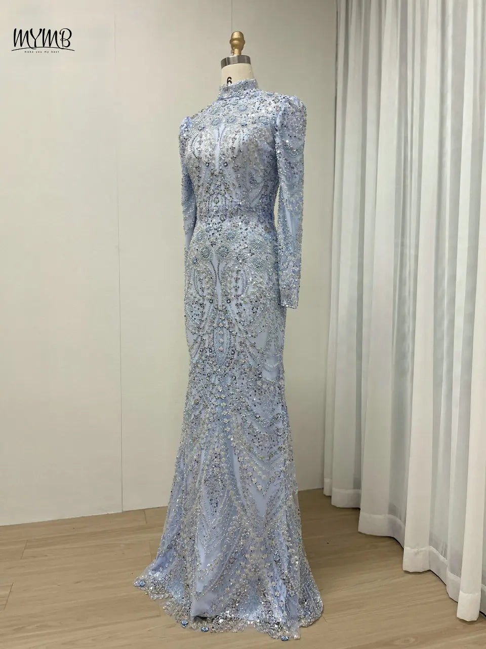 MYMB Robe de soirée de luxe à col haut et manches longues avec perles, robe de soirée élégante pour invités de mariage, style musulman, bleu, sirène