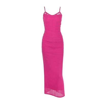 Suninheart Vestidos largos de malla de verano para mujer 2023 Vestido ajustado con tirantes finos color rosa Vestido elegante para ocasiones formales para mujer