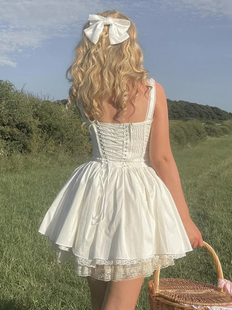 Vestido de verano blanco de corte A para mujer 2023, minivestido elegante con cordones, sexy, informal, con tirantes finos, para fiesta y vacaciones, de alta calidad