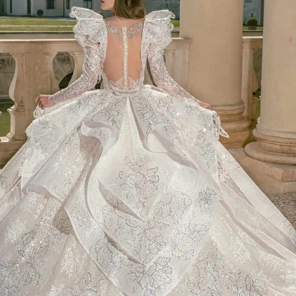 Elegante vestido de novia de princesa con apliques y escote en V para novia, vestido de novia largo hasta el suelo brillante