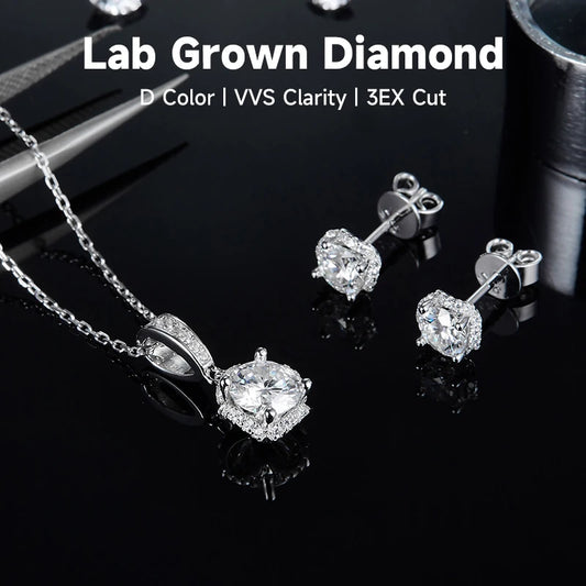 Diamond Women's Jewelry Sweet Gift for Girlfriend 925 Sterling Silver Lab Grown Diamond Necklace Stud Earrings With Certificate