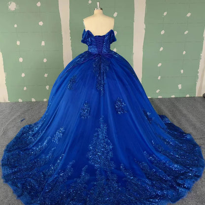 Sapphire Blue Elegant Quinceanera Dress Sweet Girl Appliques Beading Princess Ball Gown Birthday Party Prom Dresses Wc019