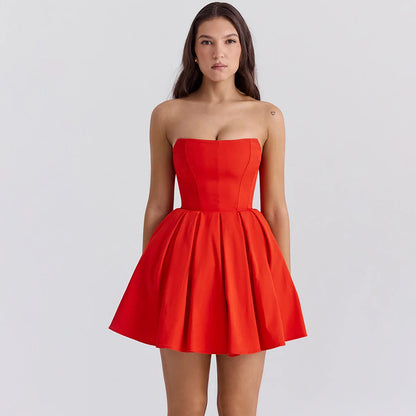 Oligai red Strapless Bodycon Party Dresses 2024 New Mini Sexy Corset Dress Elegant Casual Holiday Flare Dress